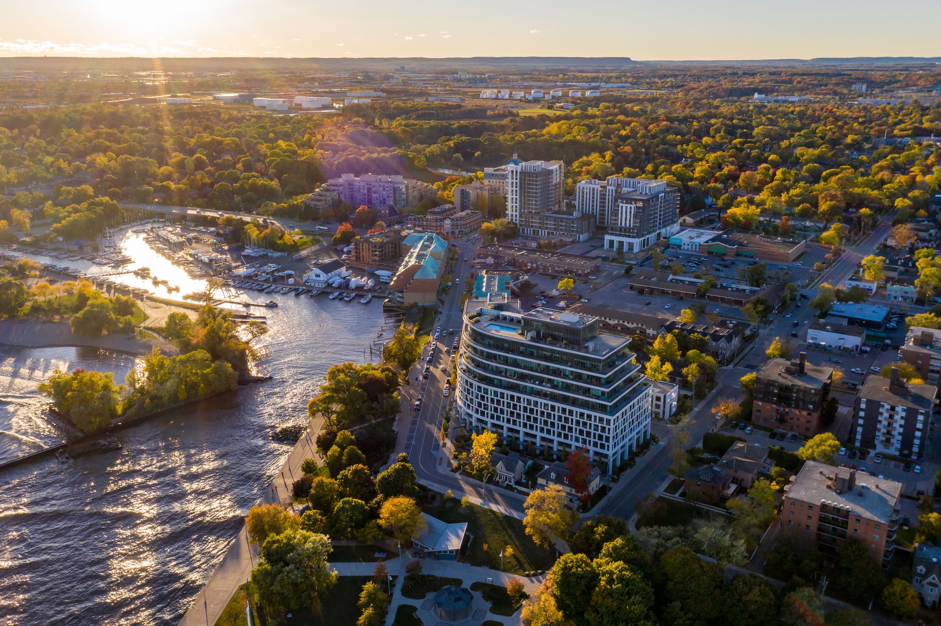 Aerial Oakville townscape and Bronte Creek at the lakeside of Lake Ontario, Regional Municipality of Halton, Canada